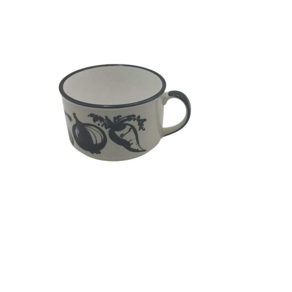 Vintage Ceramic Soup Mug Blue Stylized Vegetable Design